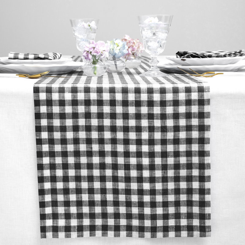 Gingham Checks - 100% Pure Linen Table Runner, 108" x 14", Black