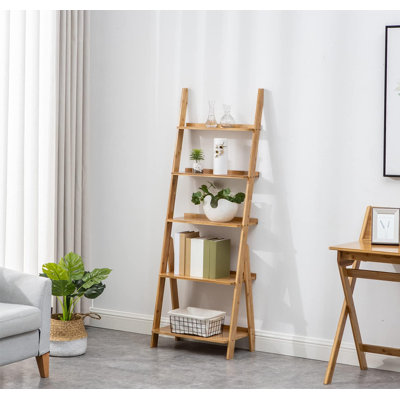 Ladder Shelf Bookshelf, 5-Tier Leaning Shelf, Free Standing Organizer Storage Shelves, Storage Rack Shelf For Office, Living Room, Nature