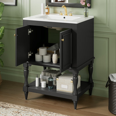 Meuble-lavabo moderne de luxe avec lavabo en céramique, armoire de salle de bain avec tablette ouverte et rangement fermé