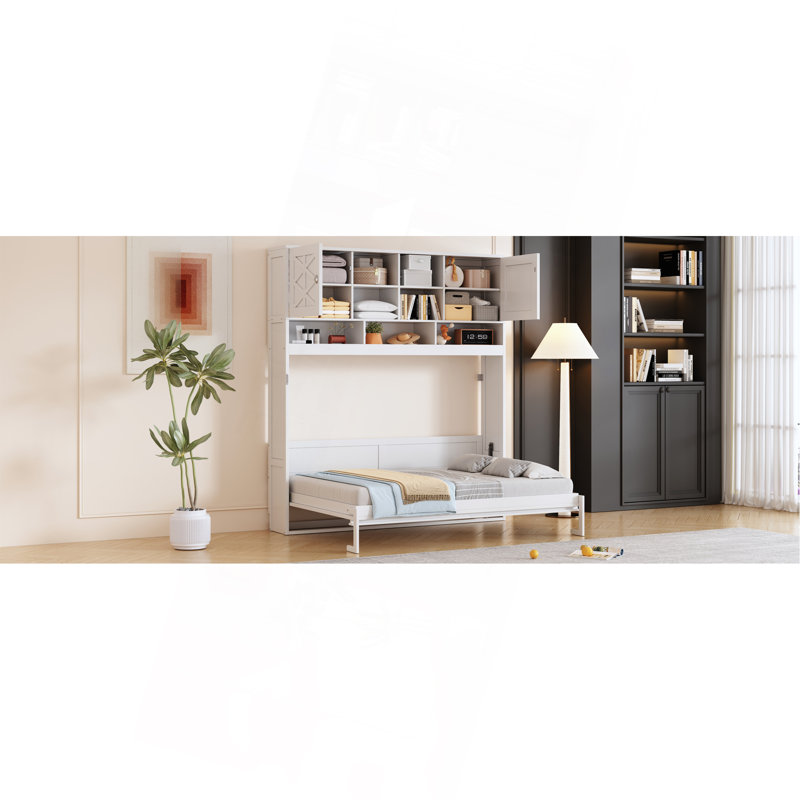 Grand lit escamotable mural avec grand espace de rangement et rayures losangées, blanc