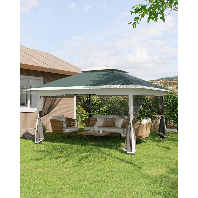 13x13 Pop-Up Gazebo with Double Roof and Mosquito Netting – Waterproof UV-Resistant Patio Canopy Tent, Green