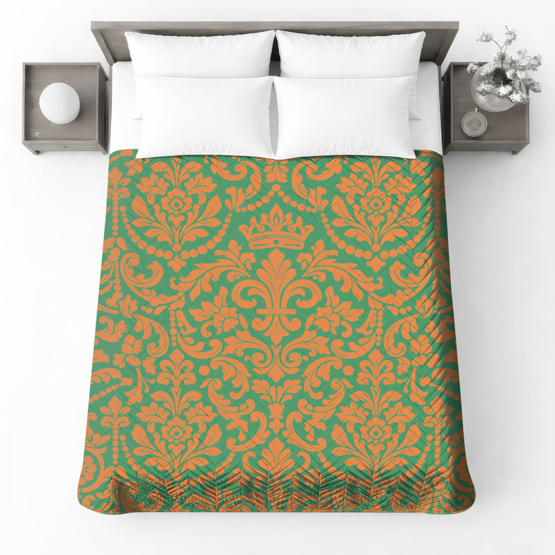 Orange Green Damask Quilted Bedspread All Sizes, King