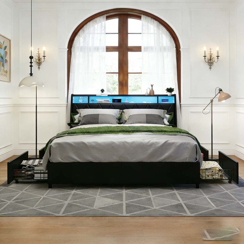 Cadre de grand lit avec tête de lit ergonomique, cadre de lit plateforme grand avec prises et chargeur et lumière DEL, cadre de lit en métal grand avec tablette de rangement
