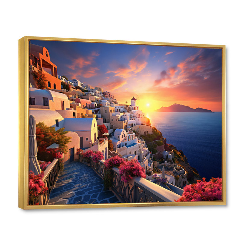 Grèce Oia Splendor III - décoration murale paysages urbains, H 34 po x l 44 po x P 1,5 po, Cadre flottant doré