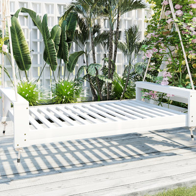 Lit simple pour balançoire avec véranda en bois, cordes en chanvre de 98 pouces, capacité de 400 lb, blanc, facile à installer dans le jardin pour le jardin, structure en bois, 2 pinces à corde, extérieur paisible