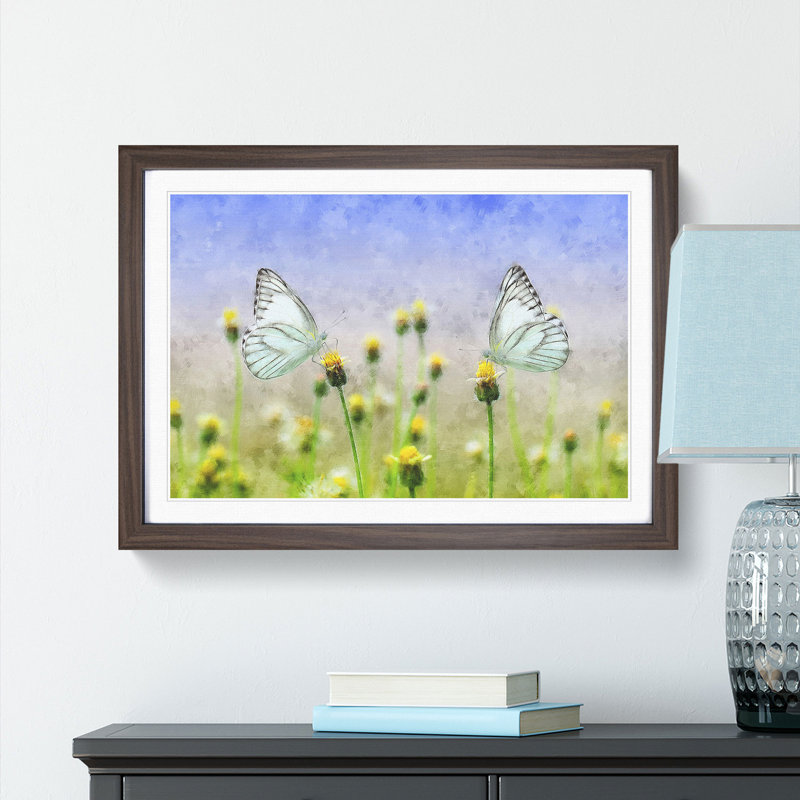 Two Butterflies upon Yellow Flowers - Picture Frame Painting Print, Walnut Framed, 62cm H x 87cm W x 2cm D