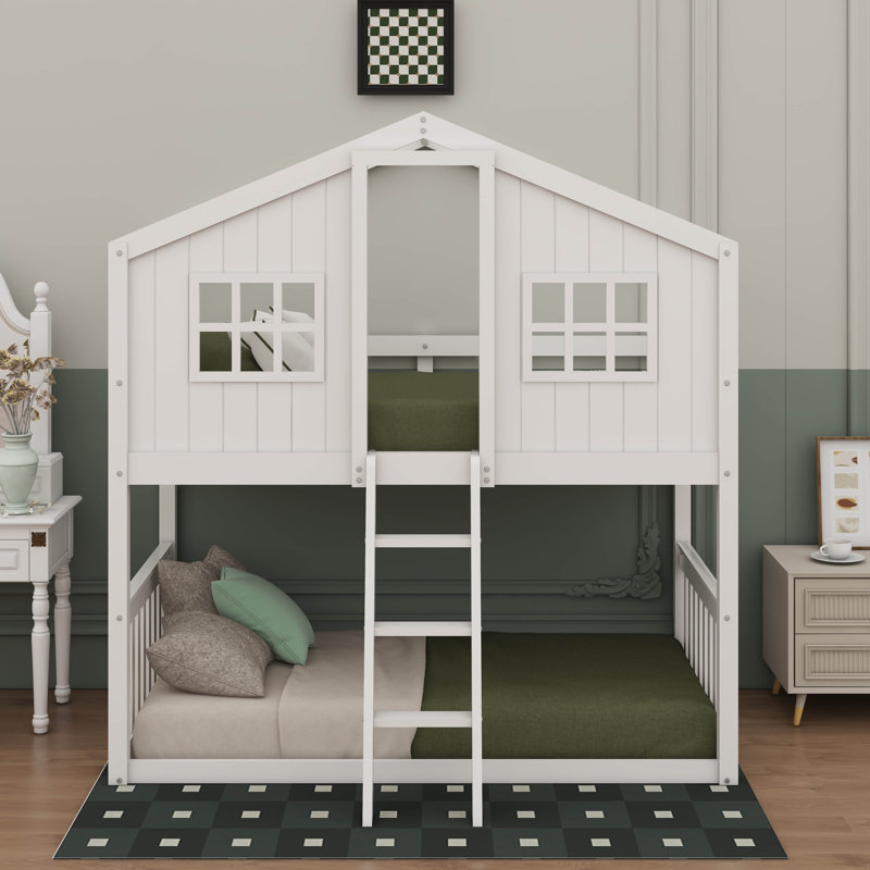 Twin Over Twin House Bunk Bed With Ladder, White