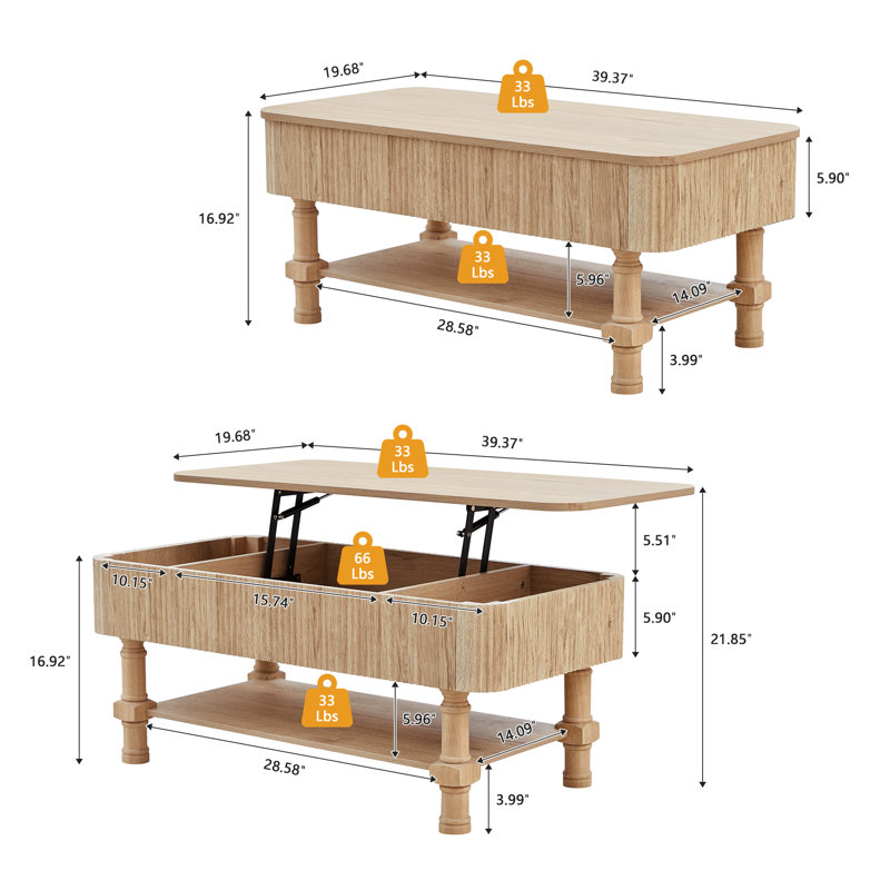 Table basse à plateau relevable Farmhouse, Naturel