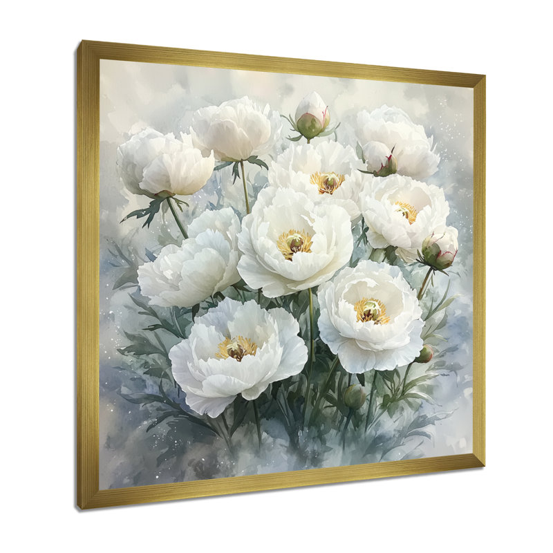 Hiver, matin, pivoines, étreinte - pivoines, art mural, H 16 po x l 16 po, Doré, Picture Framed