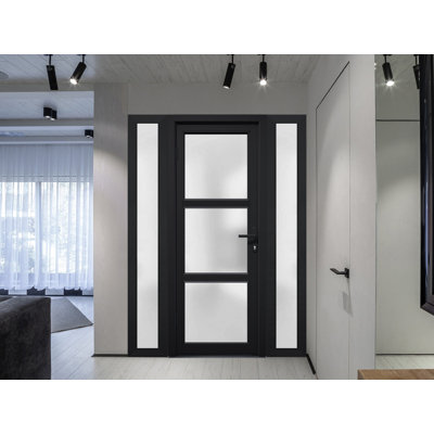 Façade extérieure en verre givré pré-monté Fibre de verre / Manux 8552 noir mat / 2 fenêtres extérieures latérales / Bureau Portes d'entrée commerciales et résidentielles Garage de garage-W12 + 30 + 12 po x H80 po -Ins droite
