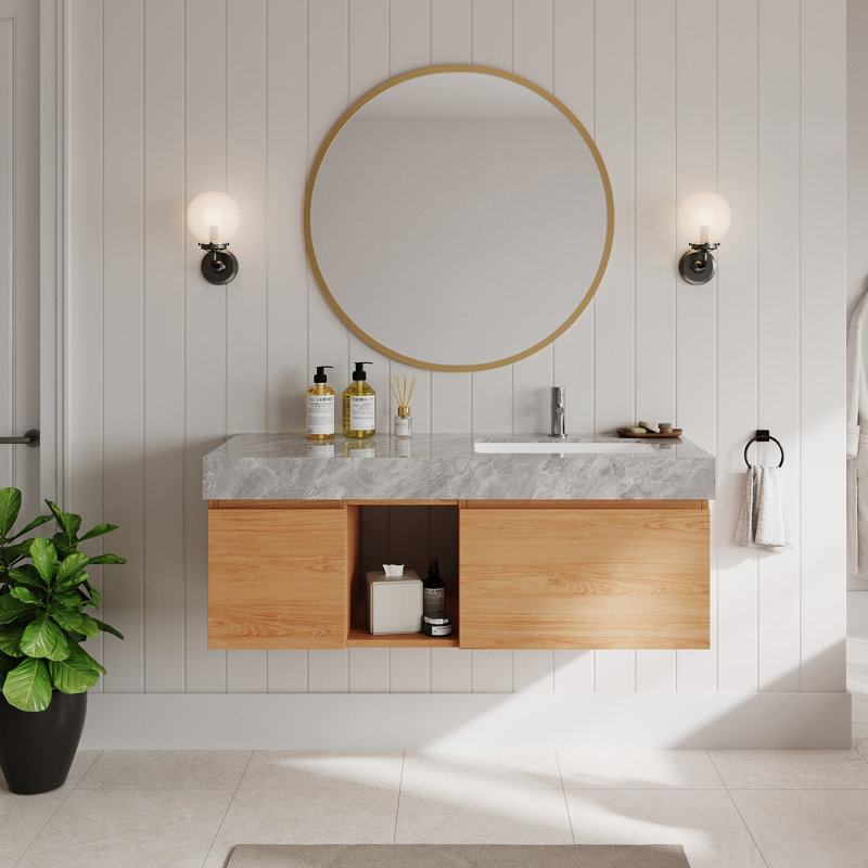 Meuble-lavabo simple 48 po Loubertha, plateau de table en faux marbre brillant, meubles-lavabos flottants modernes, Gray
