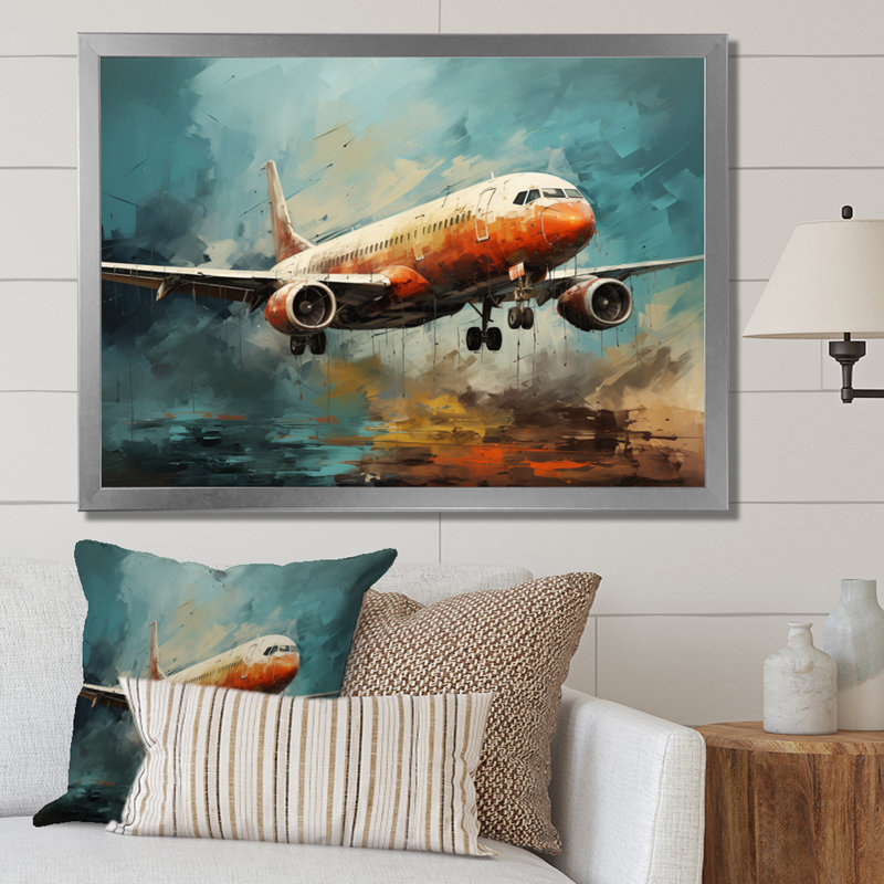 Voyage en avion sur toile, Cadre simple argenté, H 16 po x l 32 po x P 1 po