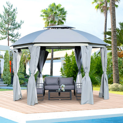 12' X Round Outdoor Gazebo, Double Roof, Grey, Strong Steel Frame With Netting Sidewalls And Privacy Curtains For Garden Picnic Roof Canopy, Frame, Grey Poolside Use