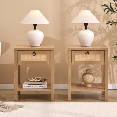 Rattan Nightstands Set Of 2, Boho Bedside Tables With Drawer And Open Shelf, Bedroom End Tables With Solid Wood Legs, Oak
