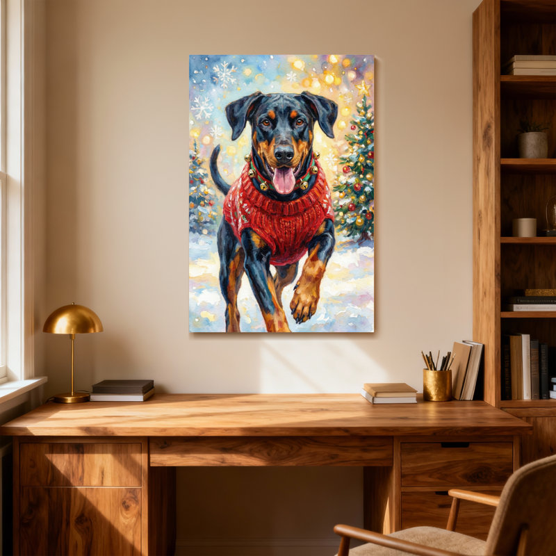 Animaux, chien, chandail rouge, scène de Noël, H 36 po x l 24 po