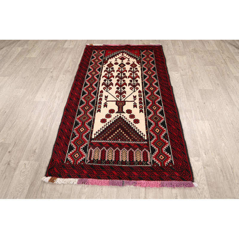 Tapis décoratif en laine de conception unique noué à la main New Age Ivoire/rouge de 3 pi 3 po x 5 pi 8 po