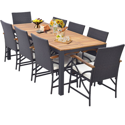  Set of 9 Outdoor Dining Table w/ Acacia Wood Table & Cushions 1.9'' Umbrella Hole
