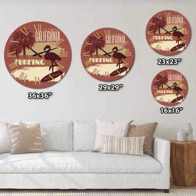 California Surfing Silhouette of FLamingo on Surfboard - Horloge murale moderne