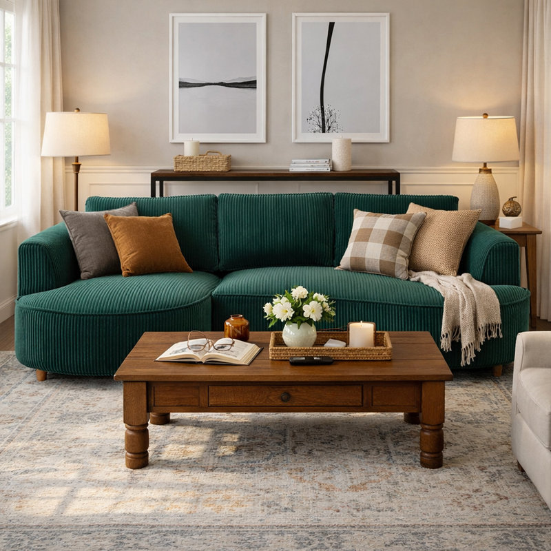 122" Modern Curved Sofa Couch with Chaise,Upholstery Corduroy Sectional Sofa, Left Hand Facing, Green Corduroy