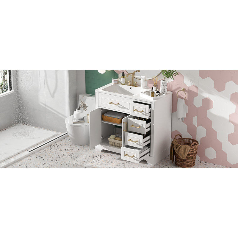 Meuble-lavabo de luxe 36 po avec lavabo en céramique, Blanc