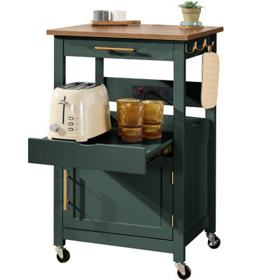 Best Choice Products Rolling Kitchen Island Cart, Cabinet W/ Drawer, Sliding Tray, Outlet, Wheels, Hooks - Forest Green