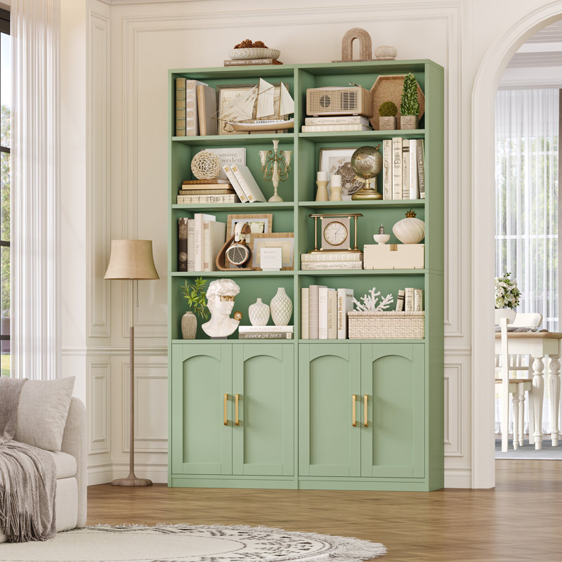Kirklyn 73" H Standard Storage Bookcase with Doors and 8 Open Shelves, Modern Wood Organizer, Green