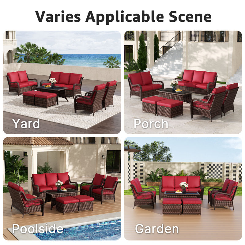 Ensemble de conversation pour patio 7 personnes avec coussins, 7 pièces: canapé, causeuse, 2 chaises, 2 repose-, Rouge