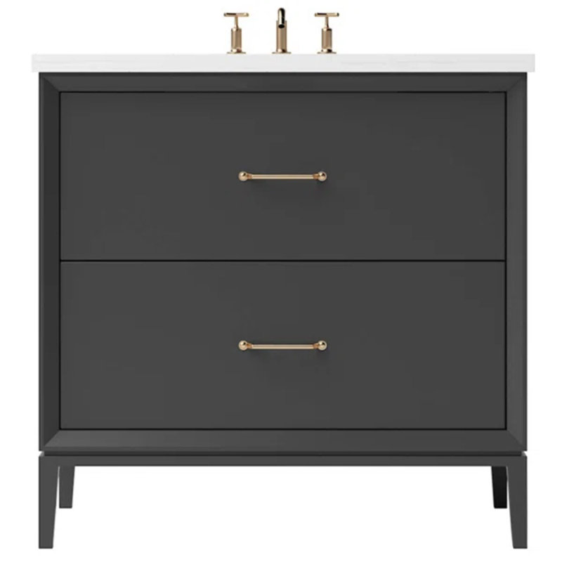 Meuble-lavabo simple à deux tiroirs Alexandra, Noir cassé, 30", Or satiné