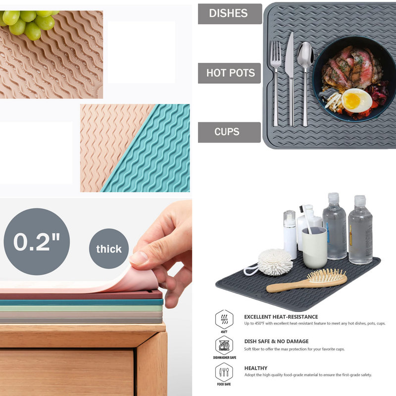 2 tapis de vaisselle en silicone à usage multiple, facile à nettoyer, écologique et résistant à la chaleur pour le comptoir de cuisine ou l'évier, le réfrigérateur ou la doublure de tiroir Mint