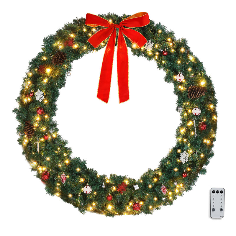 LED PVC Christmas Wreath with Red Bow, 59.06" W x 59.06" H x 7.86" D