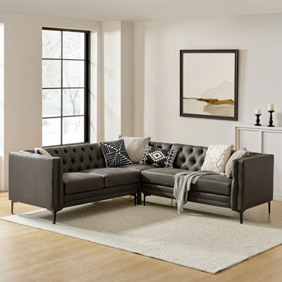  Brinna 90" Easy Wiped Faux Leather Tufted Modular Corner Sectional Sofa