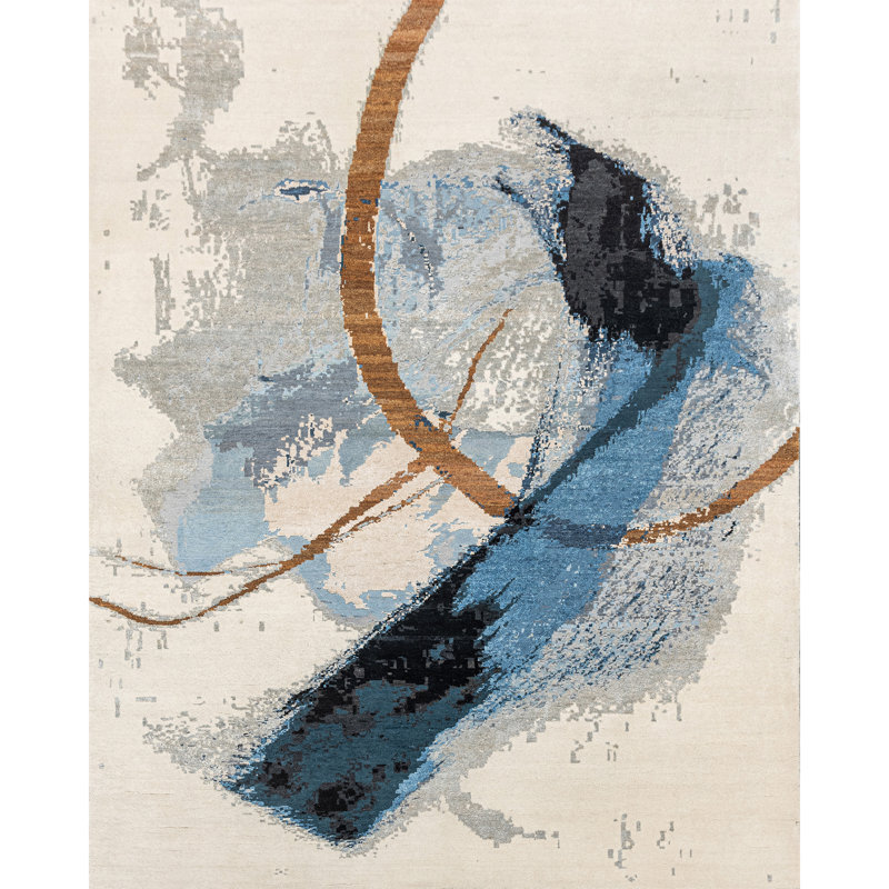 Handmade Silk and Wool Abstract Area Rug, Rectangle 6' x 9'