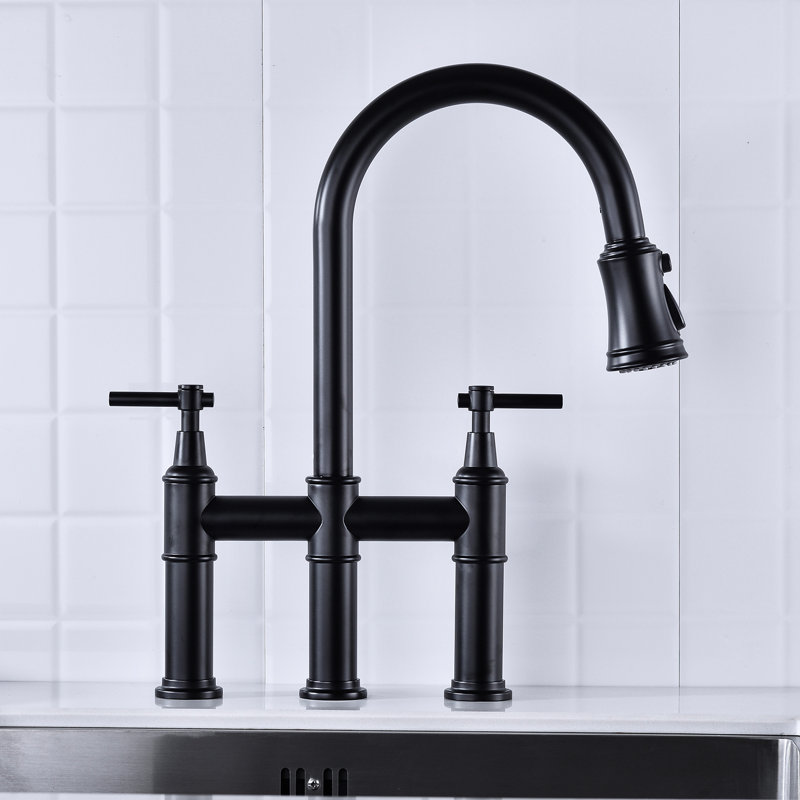 Matte Black Pull-Down Kitchen Faucet - Dual Handles For Precise Temperature And Flow Regulation 360-Degree Rotating High Nozzle Enlarged Cleaning Reach Brass Made Durability Bridge Effortless Handle