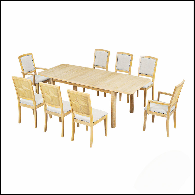 Ensemble de table de salle à manger extensible rustique de 84 pouces avec rallonge amovible de 24 pouces, 6 chaises sans accoudoirs rembourrées et 2 fauteuils rembourrés, 9 pièces