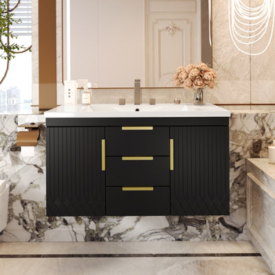 Meuble-lavabo mural 36 po avec lavabo en résine, armoire de rangement flottante et 2 tiroirs pour salle de bain moderne
