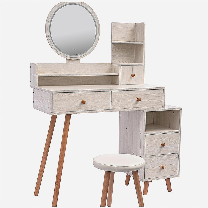 Stylish Vanity Table + Cushioned Stool,Touch Control LED Mirror,Large Capacity Storage Cabinet, 5 Drawers,Fashionable Makeup Furniture