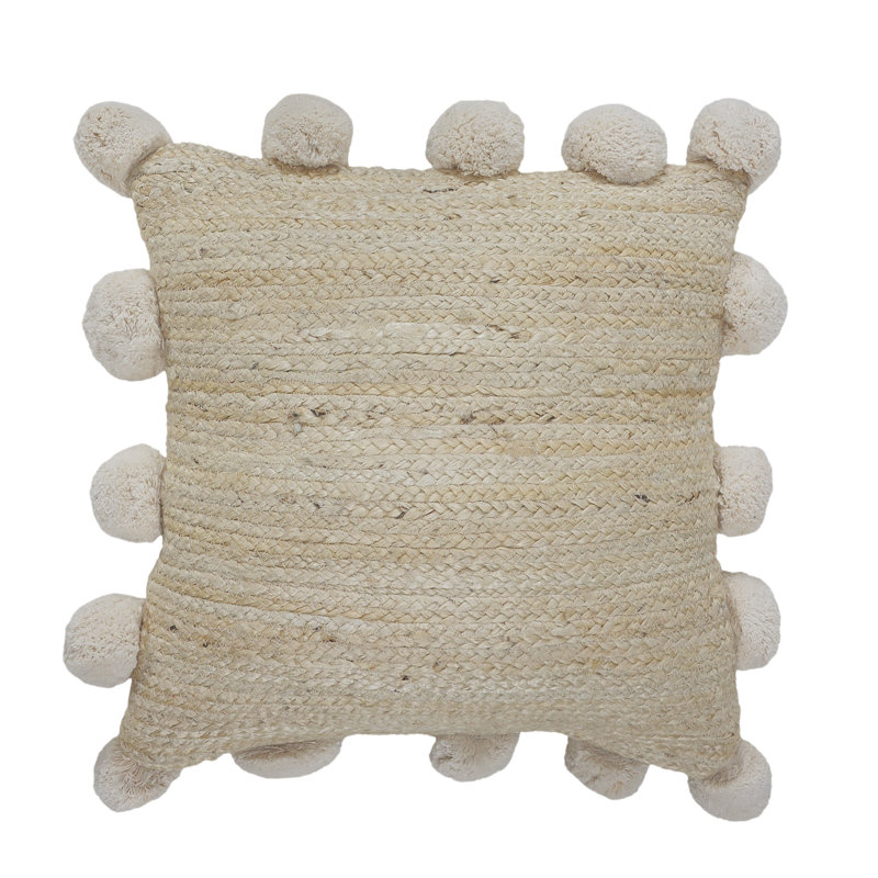 Handwoven Tan Jute Pillow Cover with Pom Pom Accents, 20" x 20"