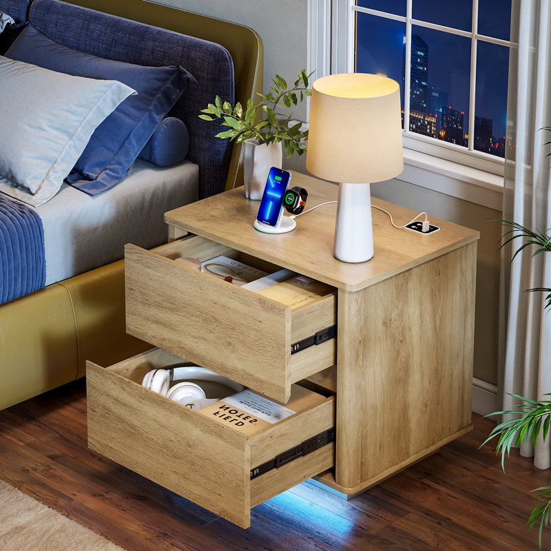 Modern Style Wooden Nightstand With Body Sensor Light And Two Drawers, Yellow/Brown
