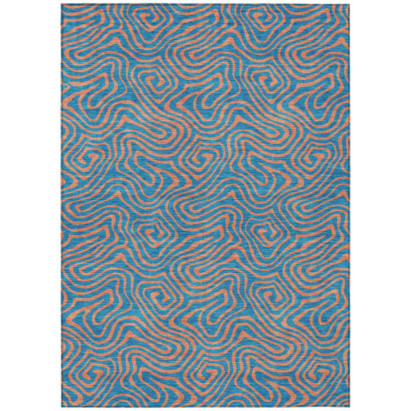 Tapis extérieur bleu sarcelle lavable abstrait 9 pi x 12 pi bleu et rose