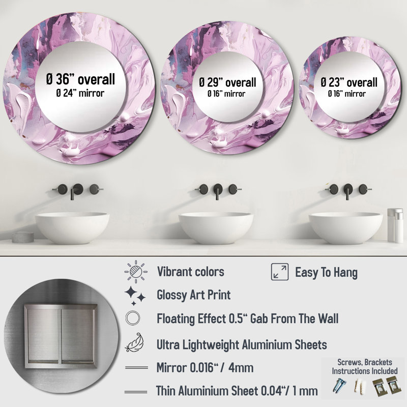 Onfre Electric Marble Ink Art I - Marble Mirror, Modern Round Unique Wall Mirror, Printed Metal Art, 29" x 29"