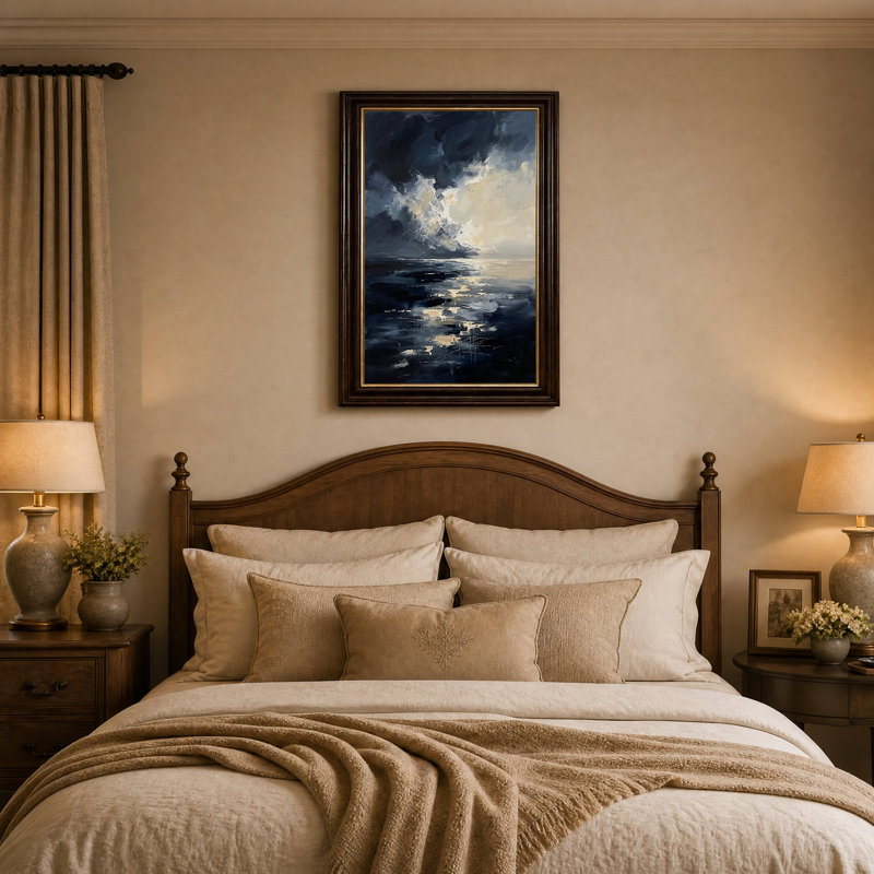 Tableau sur toile représentant un océan bleu foncé orageux et des reflets du soleil, H 24 po x l 16 po