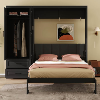 Murphy Bed with Upholstered Headboard and Wardrobe, Foldable Platform Bed with Drawers