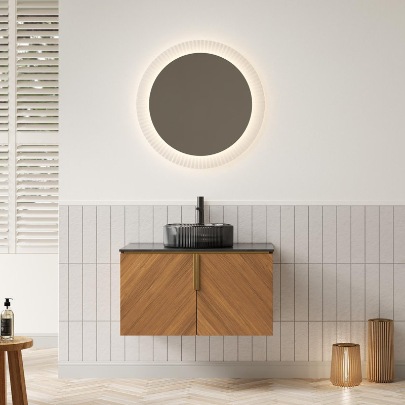 Meuble-lavabo mural avec lavabo rond en verre, Noir