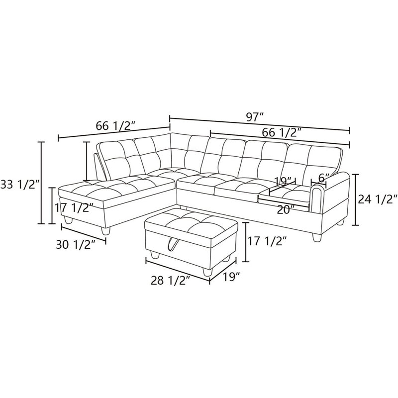 3-Piece Flannel Sectional Sofa, Gray, Left Hand Facing