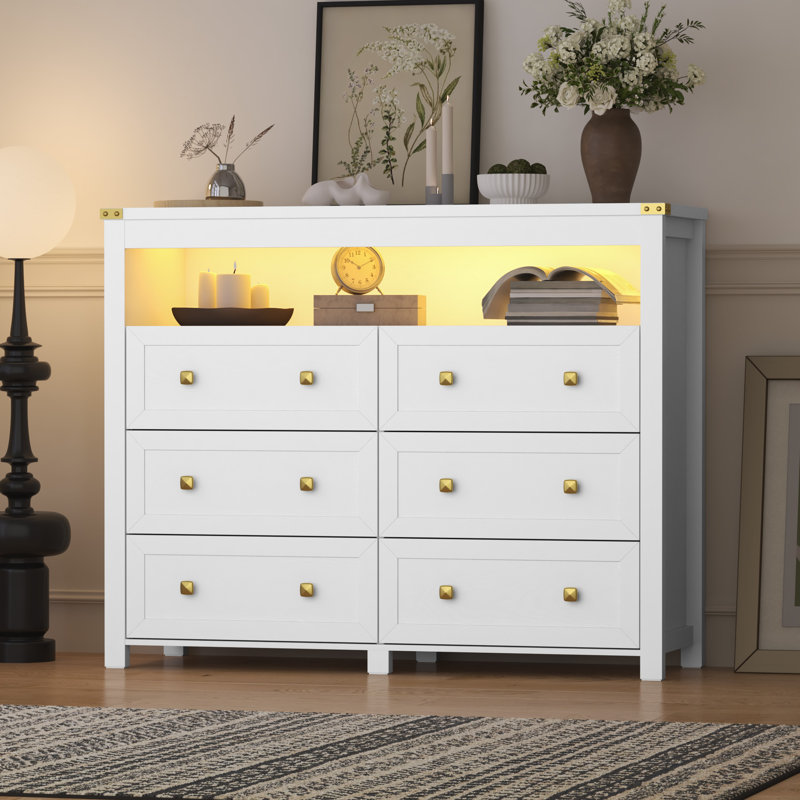 6 Drawer Dresser With Lights And Power Outlet, White