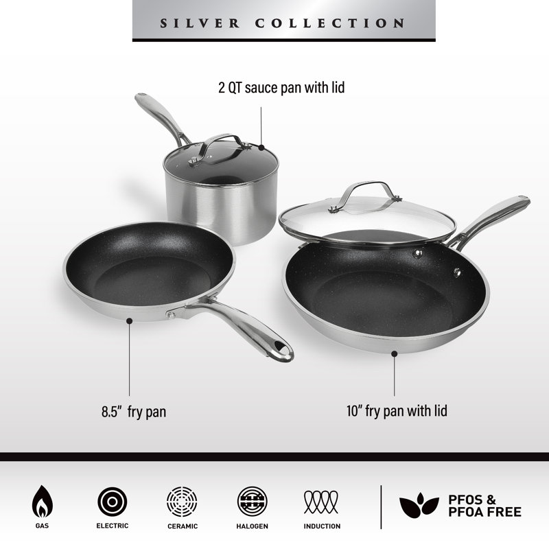 Batterie de cuisine antiadhésive 5 pièces Granitestone Silver avec poignées Stay Cool, allant au four et au lave-vaisselle