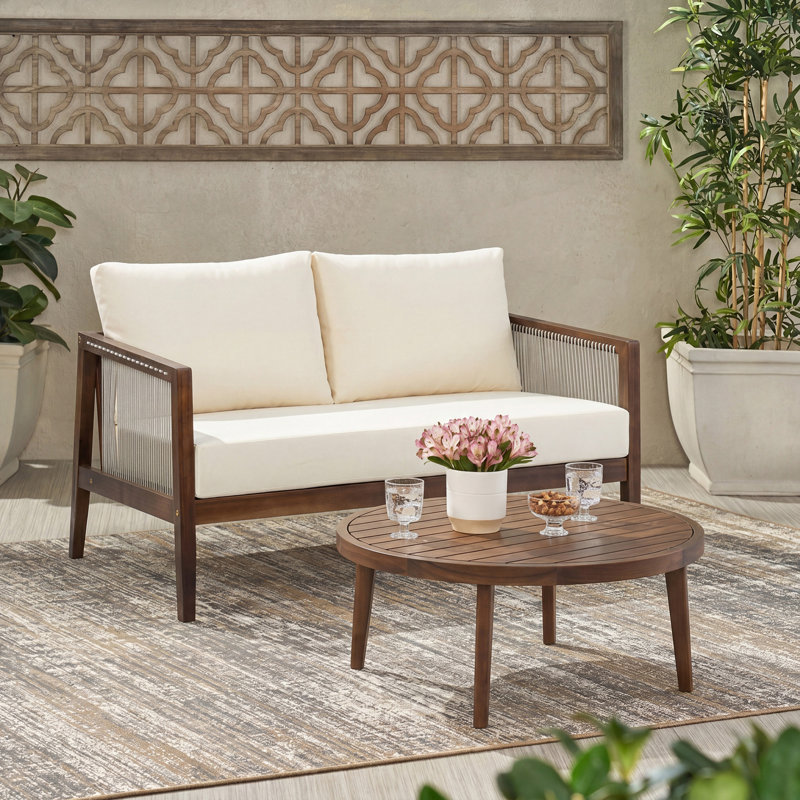 Ensemble de conversation d'extérieur en bois avec causeuse et table basse, Marron foncé