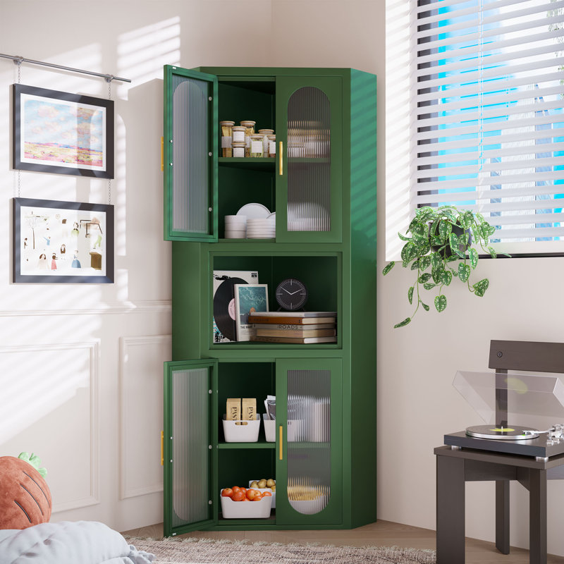 Metal Tall Corner Pantry Storage Cabinet With Acrylic Glass Doors & 1 Open Bar Shelf For Kitchen & Living Room, Green