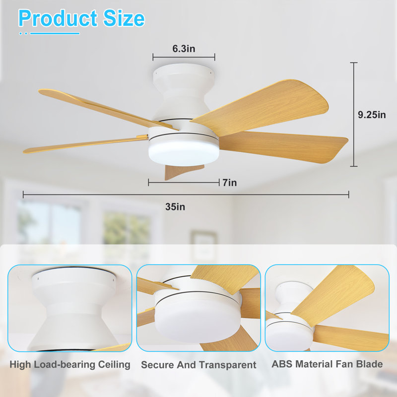 35" Natural Modern Ceiling Fan with Light and Remote, Natural, White, 35" Wide