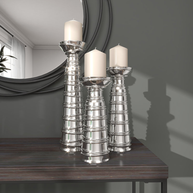 Elegant Silver Ceramic Candlestick Trio, Set of 3